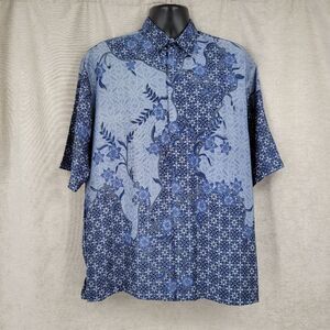 Harni Indonesian Batik Shirt Vintage Men's Blue Floral Button Down Shirt